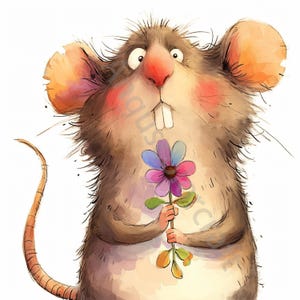 12 Quirky Mouse with Flower Clip Art, Watercolor Clipart JPG, Junk Journaling, Scrapbook, Card Making, Digital Download, Fantasy, Whimsical