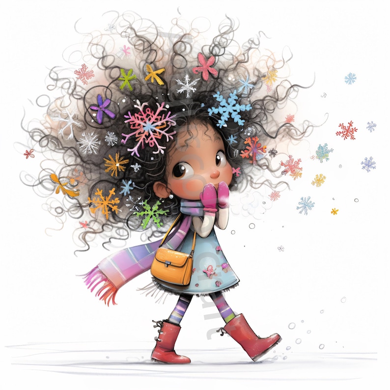 Pode incluir: Uma menina com cabelo castanho encaracolado decorado com flocos de neve e flores anda na neve. Ela est&aacute; usando um vestido azul, um cachecol rosa e botas vermelhas.