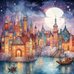 Pacchetto di clip art di città magica e stravagante, 10 JPG ad acquerello ad alta risoluzione per il diario spazzatura, scrapbooking, creazione di biglietti, download digitale, fantasy