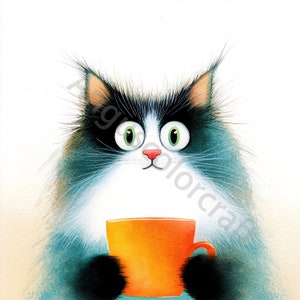 12 Quirky Cat Clipart, Funny Coffee Cat Clipart, Cat Cartoon JPG, Commercial Use, Quirky Coffee Cat Watercolor Clipart, Funny Animal Clipart