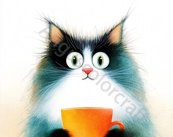 12 Quirky Cat Clipart, Funny Coffee Cat Clipart, Cat Cartoon JPG, Commercial Use, Quirky Coffee Cat Watercolor Clipart, Funny Animal Clipart