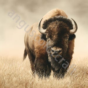 Puede incluir: Pintura detallada de un bisonte de pie en hierba alta y seca. El bisonte tiene la cabeza y los hombros de color marrón oscuro, con una joroba y un cuerpo de color marrón claro. Sus cuernos se curvan hacia arriba. El fondo es de un color suave y neutro.
