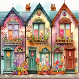Può includere: Illustrazione ad acquerello di tre case colorate con fioriere e piante in vaso. Ogni casa ha una combinazione di colori diversa, con tonalità rosa, blu e arancione. Le porte e le finestre sono anch'esse dipinte in vari colori.