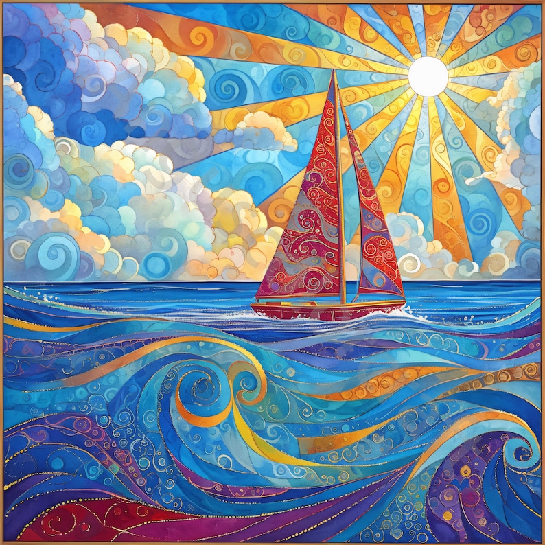 May include: A vibrant painting of a sailboat on the ocean under a bright sun. The sailboat has a red sail with decorative swirls. The ocean and sky are filled with swirling patterns in shades of blue, orange, and yellow, creating a colorful, artistic seascape.