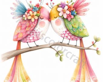 10 schrullig Valentine Vögel Clip Art, Aquarell Clipart JPG, Junk Journaling, Scrapbook, Kartenherstellung, digitaler Download, Fantasy, wunderlich