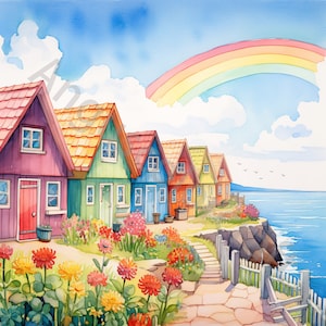 Whimsical Seaside Rainbow Cottages Clip Art Bundle 12 High Res Watercolor JPGs, Junk Journal Scrapbooking, Card Making, Digital Download Kit
