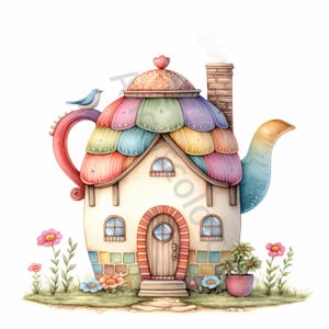 Art lunatique maison de théière colorée 12 fichiers JPG aquarelles haute résolution, journal indésirable, scrapbooking, fabrication de cartes, téléchargement numérique, fantastique