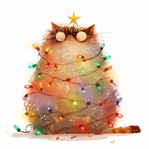 10 JPG Quirky Cat Christmas Tree Clip Art, Clipart acquerello, Junk Journaling, Scrapbook, Card Making, Download digitale, Fantasy, Stravagante