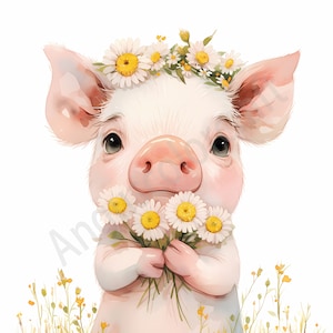 18 Lindo acuarela cerdo clipart sublimación diseño flores silvestres cerdo camisa diseño lindo cerdo clipart cerdo con margarita camiseta diseño cerdo archivo JPG