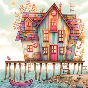 10 clipart maison originale JPG au bord de la mer, clipart aquarelle, journal indésirable, scrapbooking, fabrication de cartes, téléchargement numérique, fantaisie lunatique