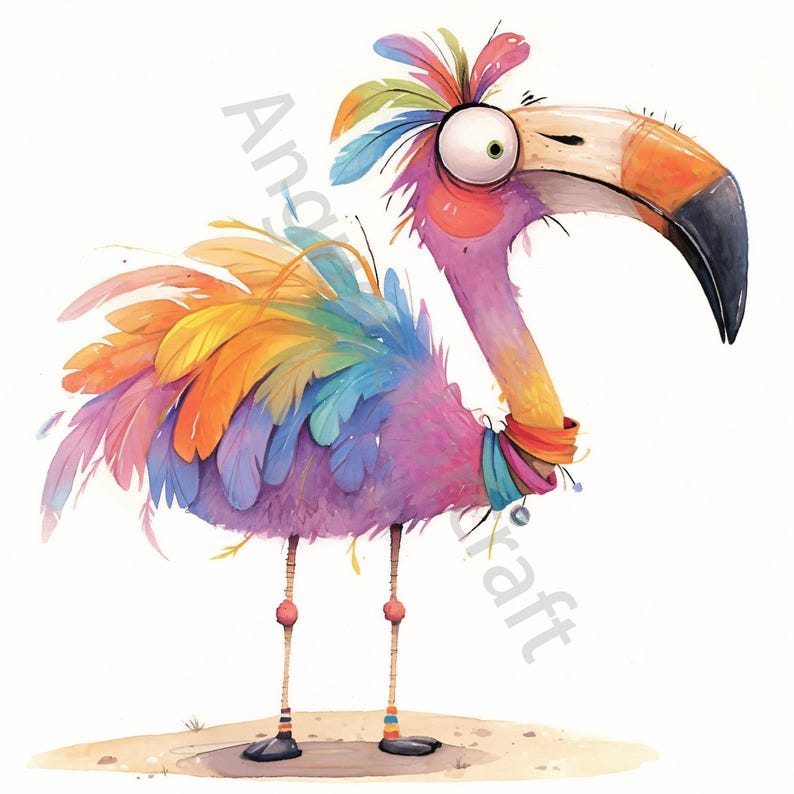 May include: A cartoon flamingo with a colorful, feathered head and a bright pink body. The flamingo is wearing a colorful beaded necklace and has black and white striped socks on its legs.