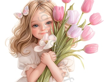 12 JPGs Quirky Girl with Flower Clipart, Commercial Use, Whimsical Ephemera, Watercolor Flower Girl Clipart, Instant Download, Paper Craft