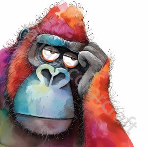Puede incluir: Ilustración acuarela colorida de un gorila con expresión pensativa. El gorila tiene una cara azul, pelaje naranja y rojo, y se toca la frente con la mano. La obra de arte tiene un estilo de dibujos animados y está sobre un fondo blanco.