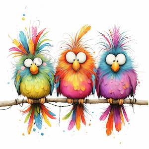11 pájaros extravagantes en una rama, clip art de acuarela, clipart JPG, diario basura, álbum de recortes, creación de tarjetas, descarga digital, fantasía, caprichoso