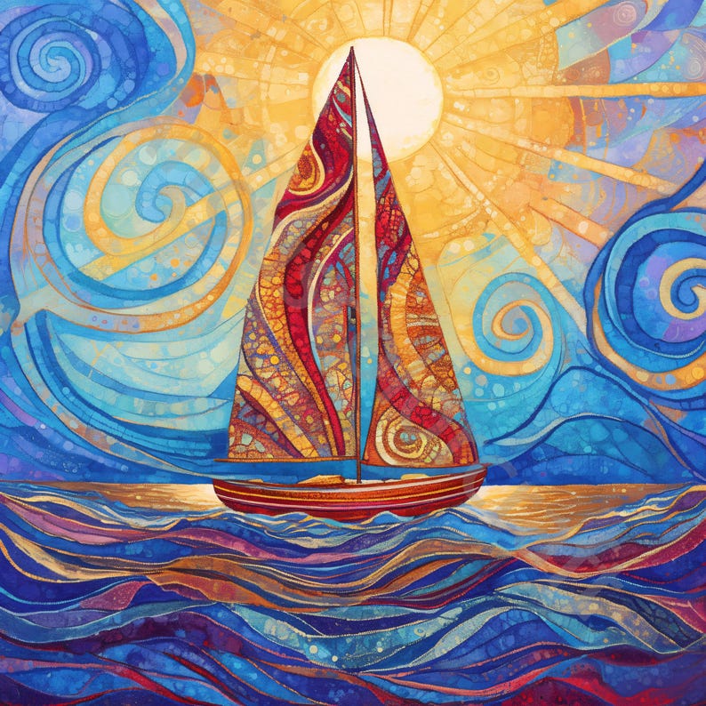 May include: A colorful sailboat on the sea under a bright sun. The sail is patterned with red, orange, and yellow designs. The water is a mix of blue and purple, with swirling waves. The sky is a mix of blue and yellow.