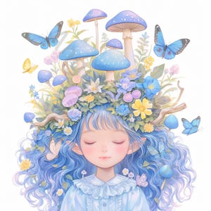 May include: A young girl with blue hair wears a crown of blue mushrooms, flowers, and butterflies. The crown is adorned with delicate white and yellow flowers, and the girl has her eyes closed.