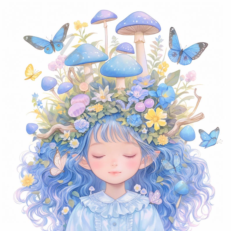 May include: A young girl with blue hair wears a crown of blue mushrooms, flowers, and butterflies. The crown is adorned with delicate white and yellow flowers, and the girl has her eyes closed.