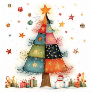 Clip Art de árbol de Navidad de calicó, 12 archivos JPG de acuarela de alta resolución para diario basura, álbumes de recortes, fabricación de tarjetas, kit de descarga digital, caprichoso
