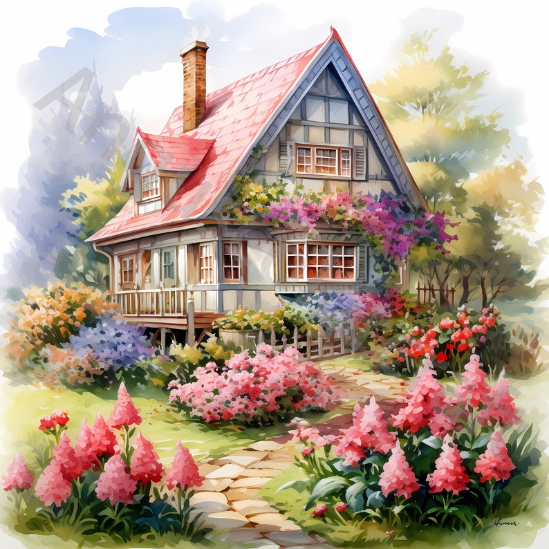 10 White Cottage in Spring Clipart Bundle Watercolor House Clip Art ...