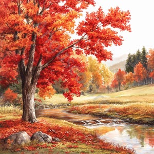 Peut inclure: Une peinture à l'aquarelle d'un érable rouge vif avec des feuilles d'automne, se tenant au bord d'un ruisseau dans un cadre forestier. Le ruisseau coule à travers une prairie herbeuse avec une toile de fond de arbres verts luxuriants.