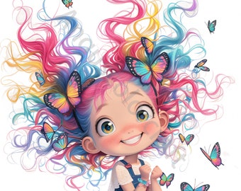 Quirky Little Girl with Butterfly Clip Art 13 High Res Watercolor JPGs for Junk Journaling, Scrapbooking, Card Making, Digital Download Kit