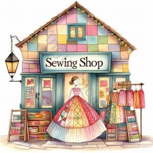 13 Quirky Sewing Shop Clip Art, Clipart de aquarela JPG, Junk Journaling, Scrapbook, Criação de cartões, Download digital, Fantasia, Loja caprichosa