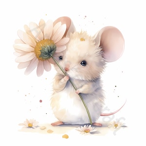 Clipart aquarelle souris et fleurs - 20 fichiers JPG de haute qualité, créations numériques en papier, illustrations de souris, téléchargement immédiat, usage commercial