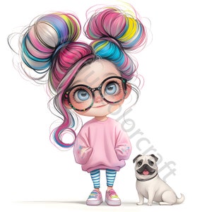 13 Quirky Girl Clipart Set 2, Girl with Pet, Commercial Use, Whimsical Ephemera, Watercolor JPG, Instant Download, Junk Journal, Paper Craft image 10