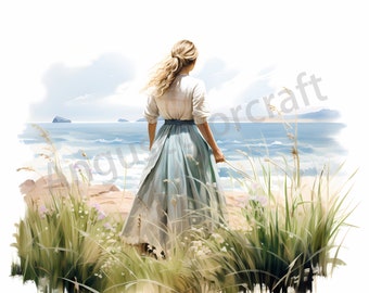 18 Watercolor Spring Clipart, Spring Girl at Seaside Clipart, Vintage Women Clipart, Planner Girl Clipart, Girl Clip art Digital Download