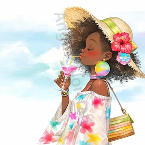 10 JPG Quirky Black Girl Clip Art, Watercolor Clipart, Junk Journal, Scrapbook, Card Making, Digital Download, Fantasy, Whimsical Summer