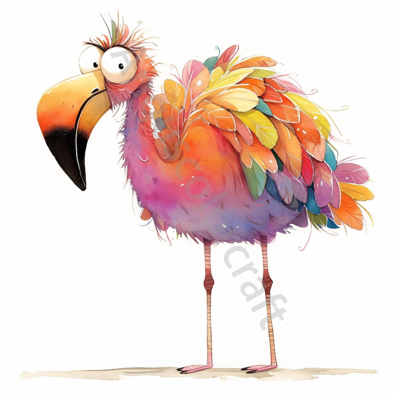 May include: A cartoon flamingo with a bright orange beak and large, round eyes. The flamingo's feathers are a mix of pink, orange, yellow, green, and purple.