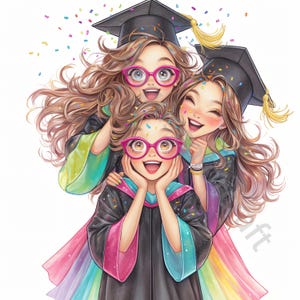 10 schrullig Graduation Mädchen Clip Art, Aquarell Clipart JPG, Junk Journal, Scrapbook, Kartenherstellung, digitaler Download, Fantasy, wunderliche Mädchen