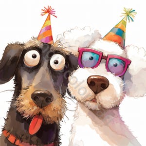 10 Quirky Happy Birthday Clip Art, Watercolor Clipart JPG, Junk Journal, Scrapbook, Card Making, Digital Download, Fantasy, Whimsical Dogs
