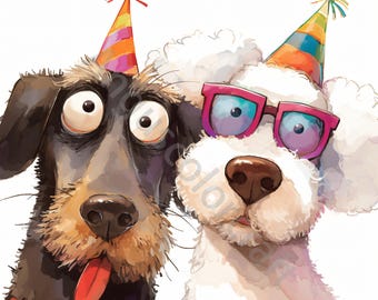 Può includere: Due cani con cappelli da festa, uno con strisce colorate e l'altro con strisce rosa e arancioni. Il cane a sinistra ha occhi grandi e rotondi e una lunga lingua che sporge. Il cane a destra indossa occhiali rosa e blu.