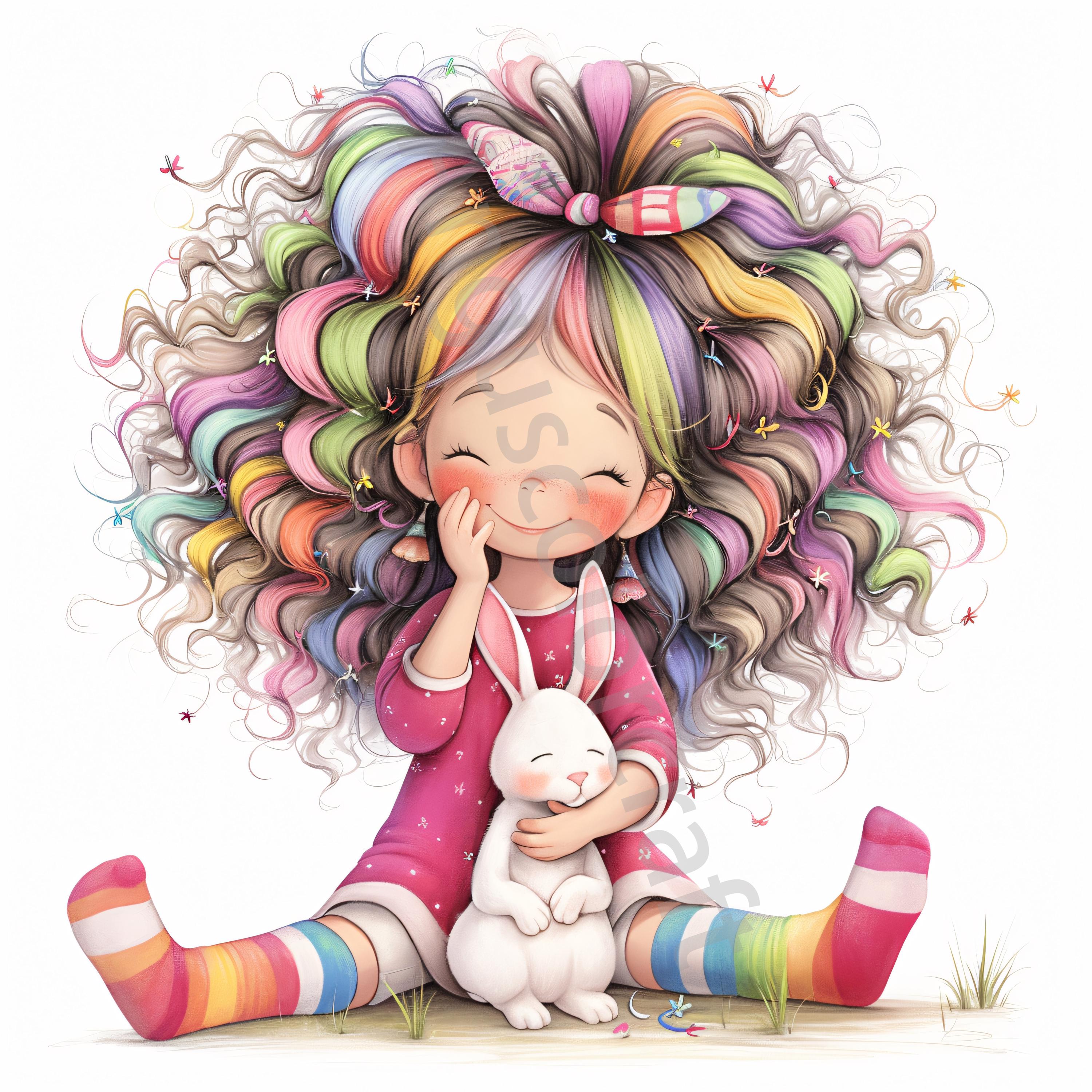 10 Quirky Girl With Bunny Clip Art, Commercial Use, Whimsical Ephemera ...