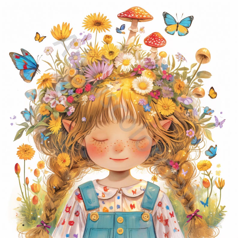 May include: A young girl with blonde hair and freckles wears a blue overall dress with a white shirt underneath. Her hair is adorned with a crown of colorful flowers and mushrooms. Butterflies fly around her head.