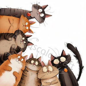 10 Gatos Peculiares Foto Clip Art, Aquarela Clipart JPG, Diário de Lixo, Scrapbook, Criação de Cartões, Download Digital, Fantasia, Gatinho Caprichoso
