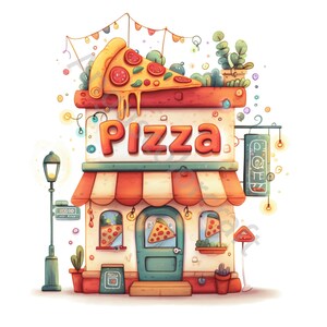 Whimsical Pizza Shop Watercolor Clip Art, Junk Journal, Card Making (10 JPG Digital Download) image 5