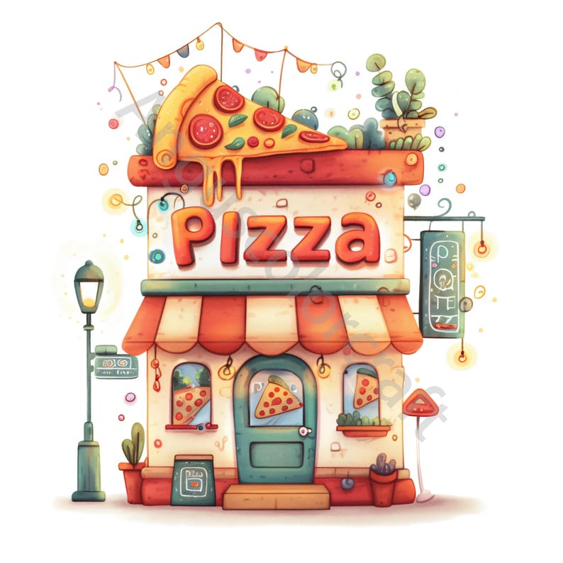 Whimsical Pizza Shop Watercolor Clip Art, Junk Journal, Card Making (10 JPG Digital Download) image 5