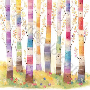 Pu&ograve; includere: Un dipinto ad acquerello di una foresta con alberi colorati. Gli alberi sono dipinti in tonalit&agrave; di rosa, viola, blu, verde e giallo. Gli alberi sono alti e sottili, e sono disposti in uno schema casuale. Lo sfondo &egrave; una tela bianca.