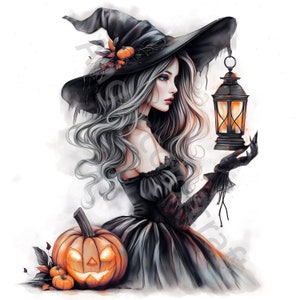 May include: A witch with long silver hair wearing a black pointed hat with a black and orange pumpkin on top. She is holding a lantern in her right hand and a jack-o-lantern is in the foreground.