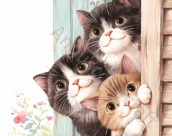 10 Quirky Peeking Cats Clip Art, Watercolor Clipart JPG, Junk Journal, Scrapbook, Card Making, Digital Download Fantasy Whimsical Kittens