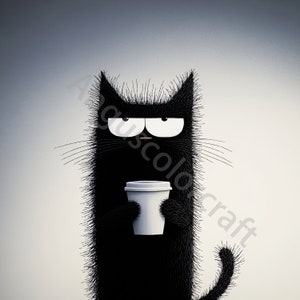Op de afbeelding: Een zwarte kat met een chagrijnige uitdrukking houdt een witte koffiebeker.