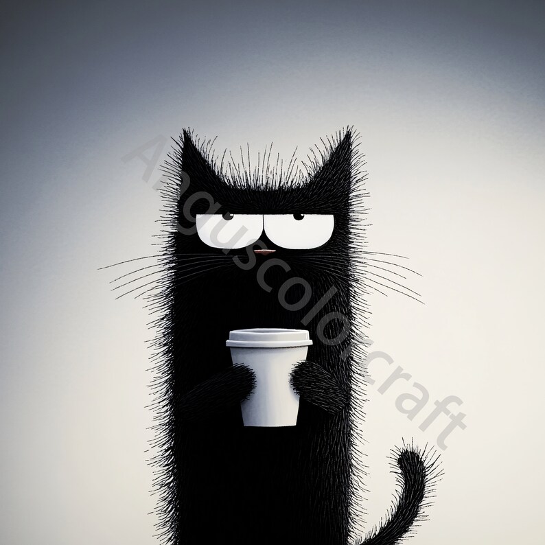 Op de afbeelding: Een zwarte kat met een chagrijnige uitdrukking houdt een witte koffiebeker.
