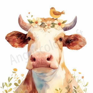 May include: A watercolor painting of a brown and white cow with a flower crown on its head. A small yellow bird is perched on the crown. The cow is looking directly at the viewer. The background is a white.