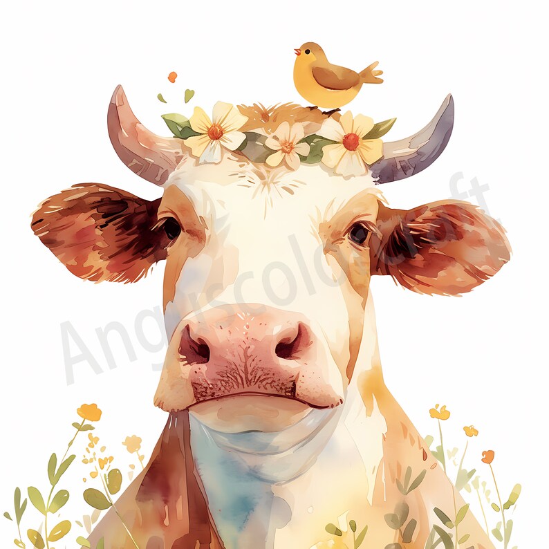 May include: A watercolor painting of a brown and white cow with a flower crown on its head. A small yellow bird is perched on the crown. The cow is looking directly at the viewer. The background is a white.