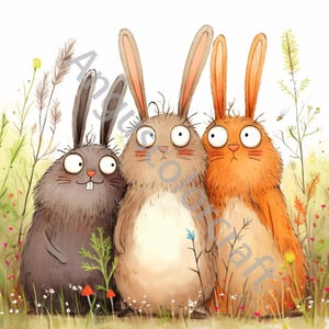 10 Quirky Bunnies Clip Art Watercolor Clipart JPGs, Junk Journal, Scrapbook, Card Making, Digital Download Kit Cartoon Funny Frazzled Rabbit