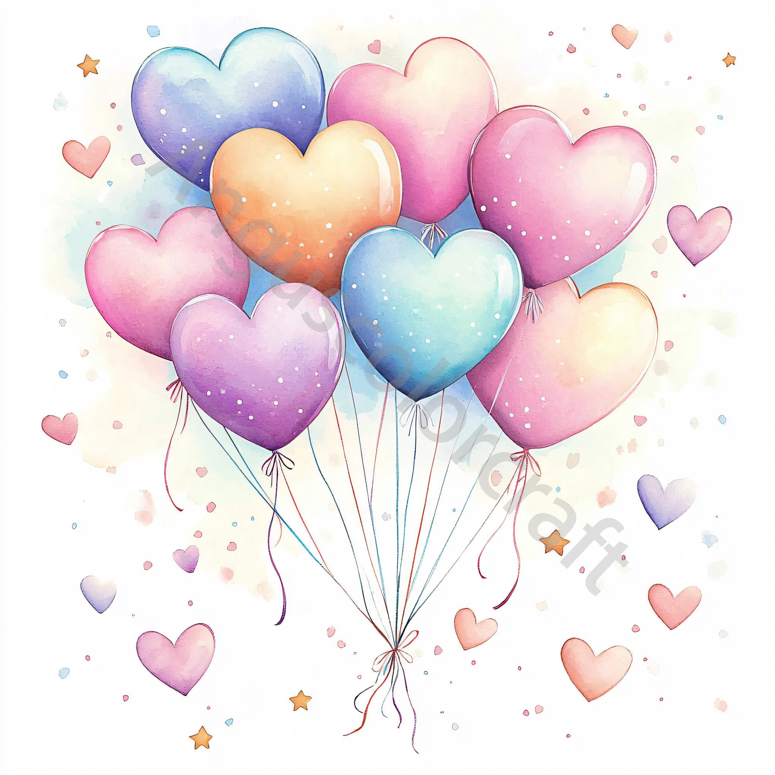 10 Heart Balloons Clip Art, Watercolor JPG, Junk Journaling, Scrapbook ...