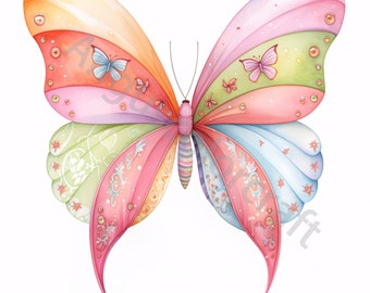 13 Colorful Golden Butterfly Clip art, Wall Print, Printable Watercolor clipart, High Res JPGs, Digital download, Paper craft, junk journals