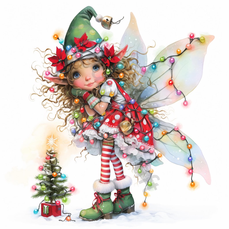 May include: A Christmas fairy with green elf hat and red and white dress is tangled in colorful Christmas lights. She has curly brown hair and is holding a small Christmas tree with lights.